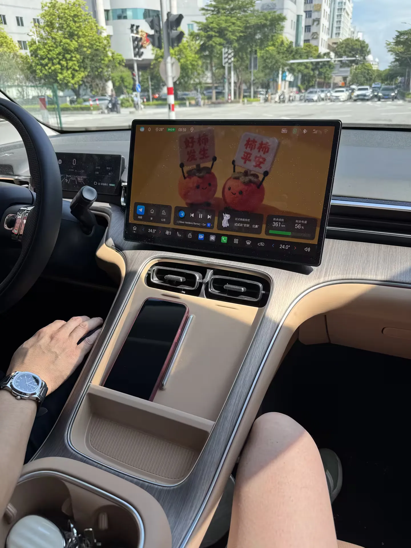 The roomy interior of the AION electric car with its large central screen