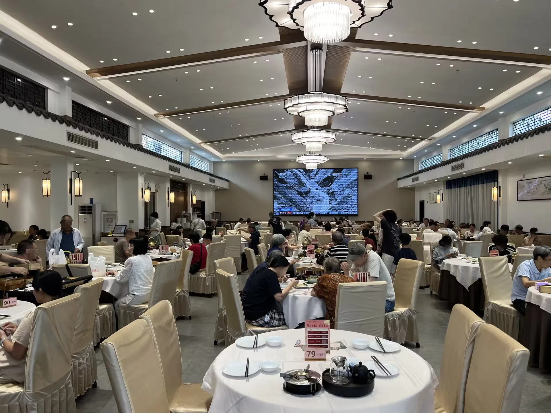 A huge dining hall full of people having breakfast and tea