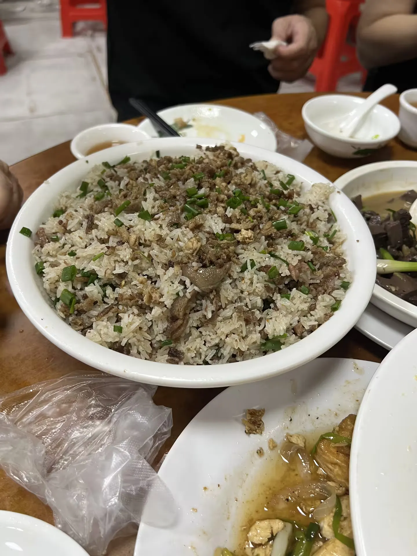 Fried rice with finely chopped goose and spring onion