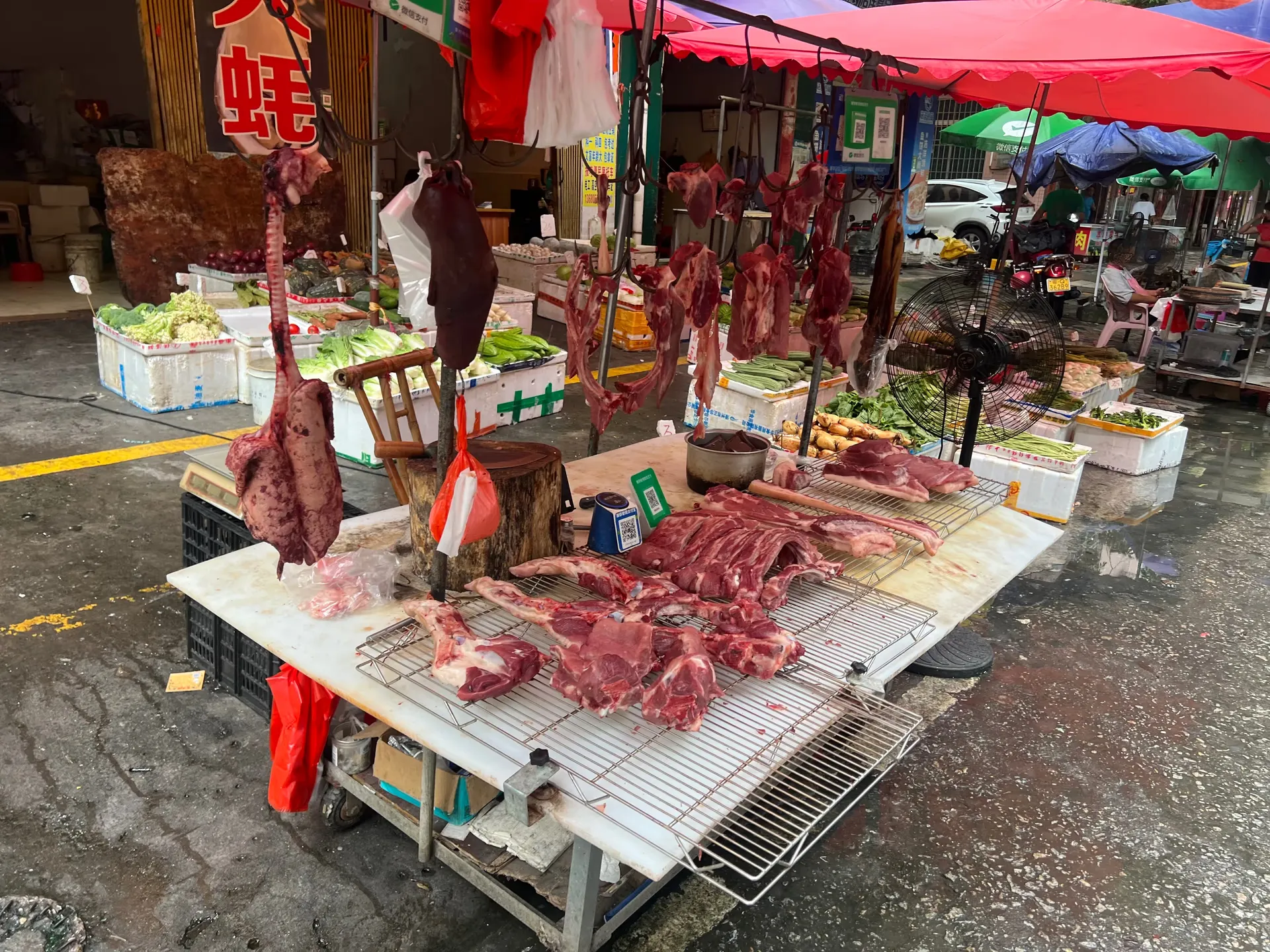 Hanging meat and a scale
