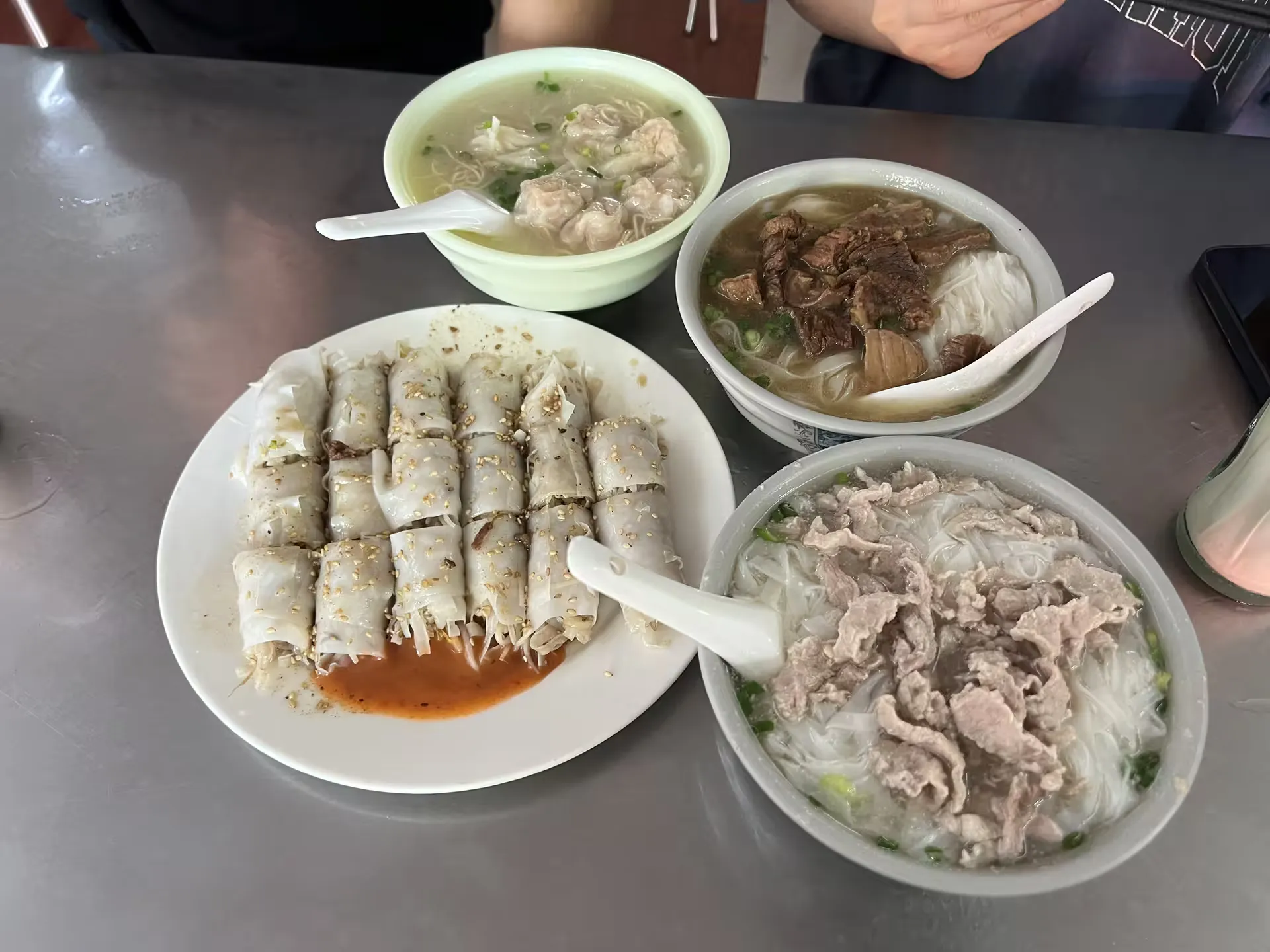 Our first meal, with prawn, beef and pork rice noodles and cheung fun