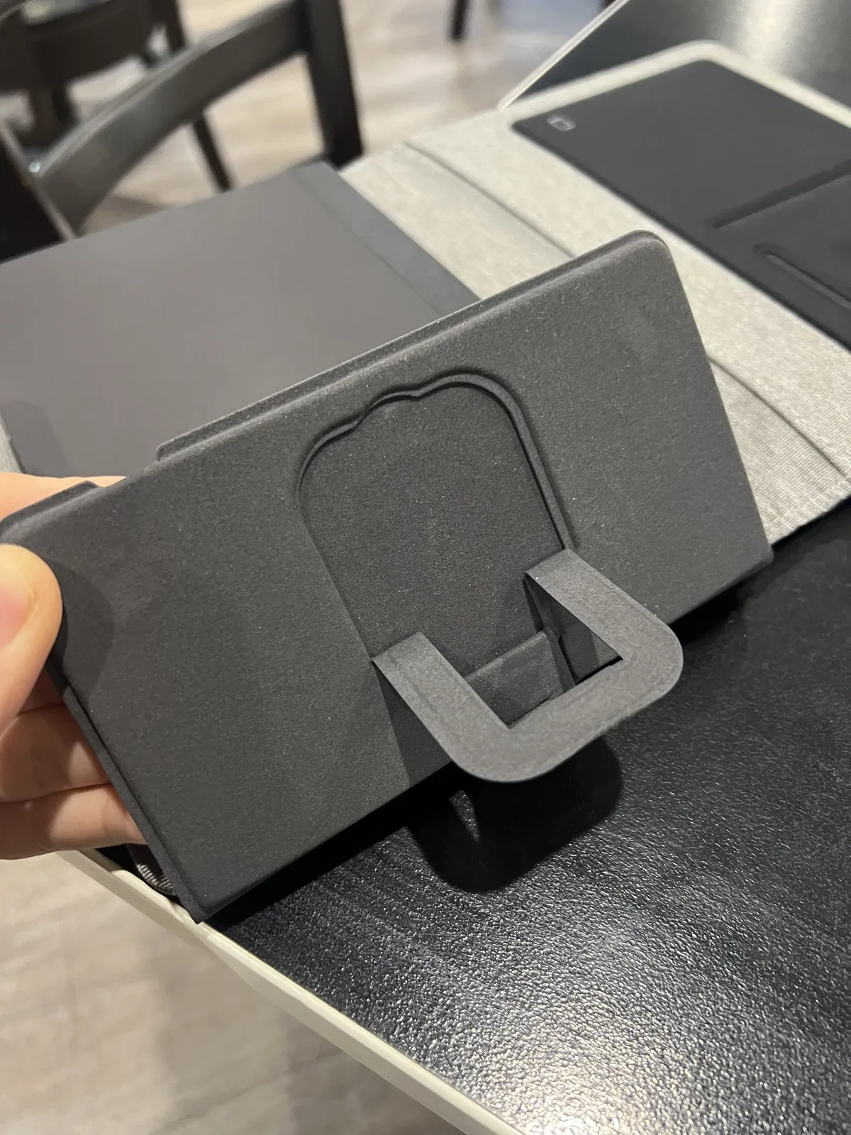 The foam folding out into a stand